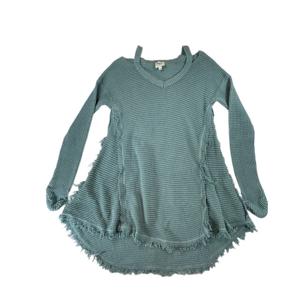 Hayden LA Cold Shoulder Waffle Knit Sweater Top Teal Aqua Fringed L Women